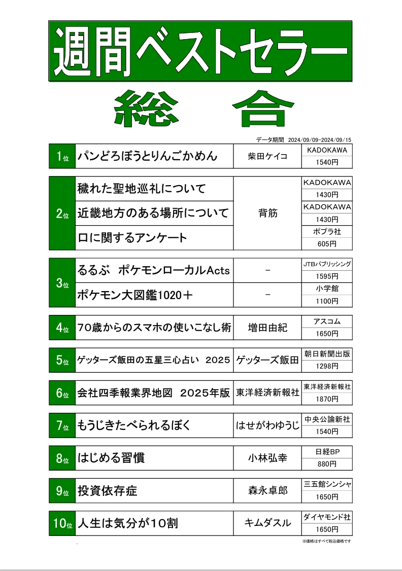 【書籍ベスト】9月16日～9月22日